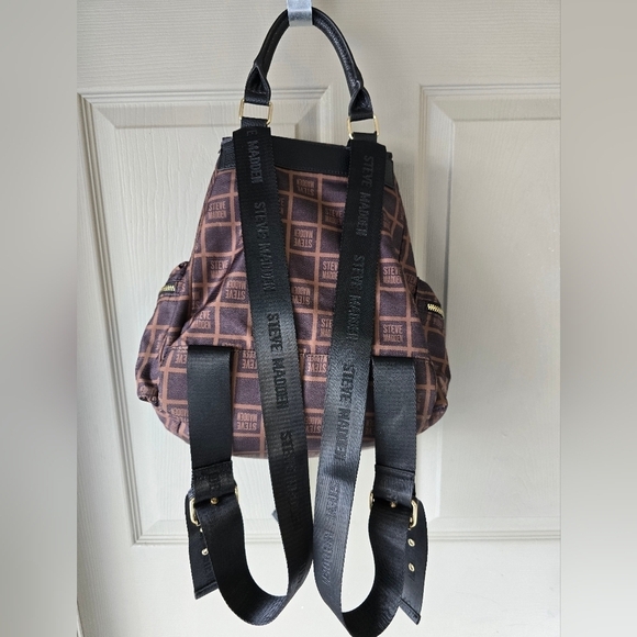 Steve Madden Backpack Black Brown Monogram Carryall Women Large Excellent - Picture 9 of 16